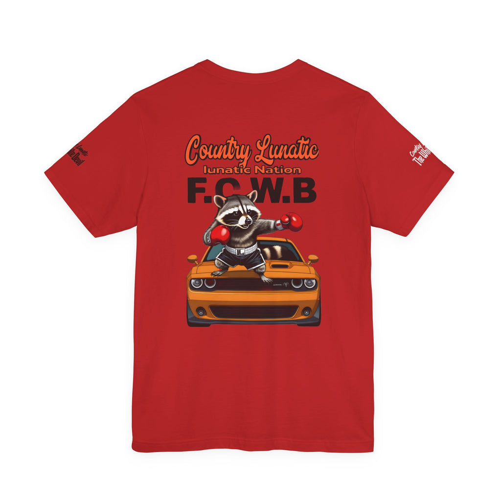 Country Lunatic Racoon Tee — 'F.C.W.B' Muscle Car Graphic Shirt