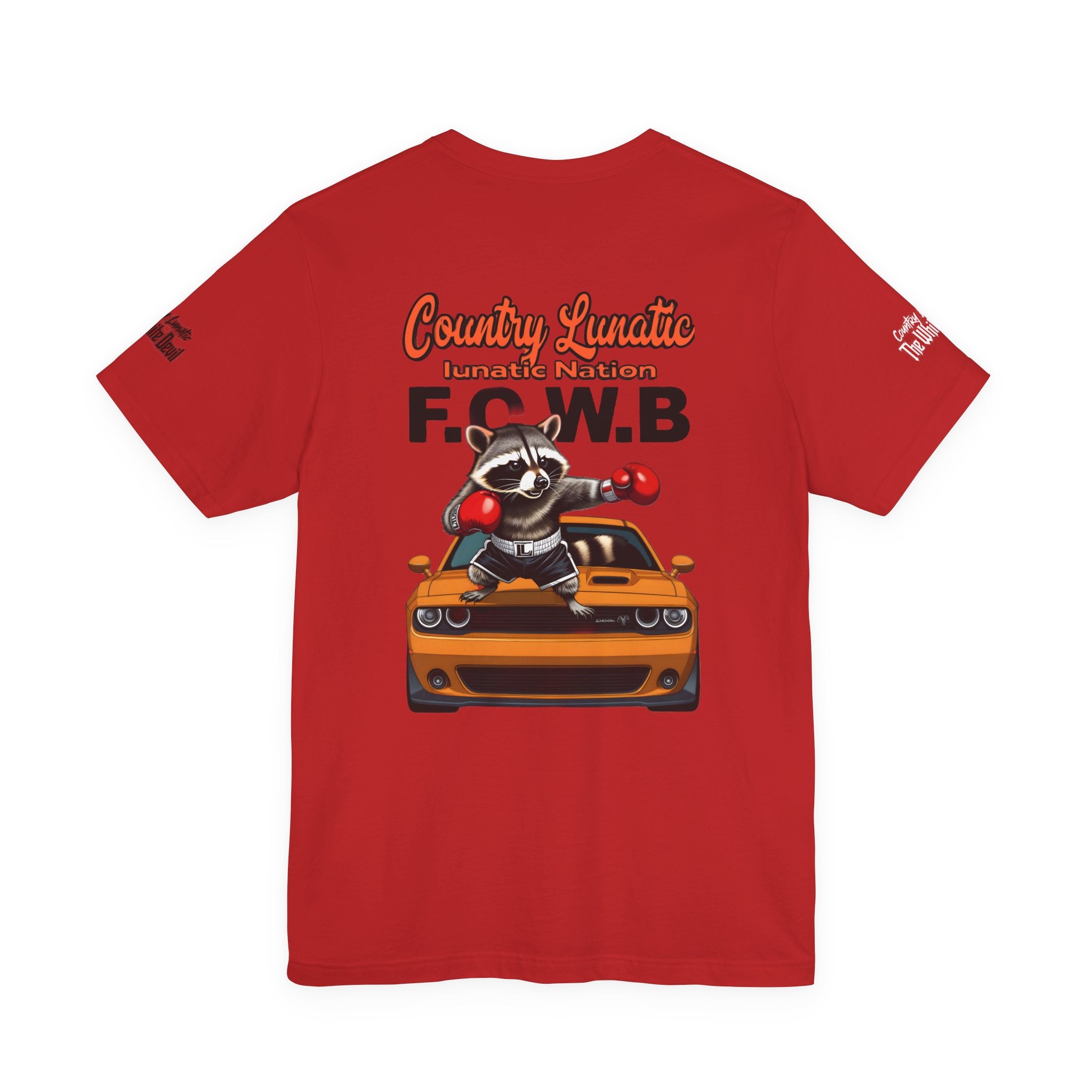 Country Lunatic Racoon Tee — 'F.C.W.B' Muscle Car Graphic Shirt