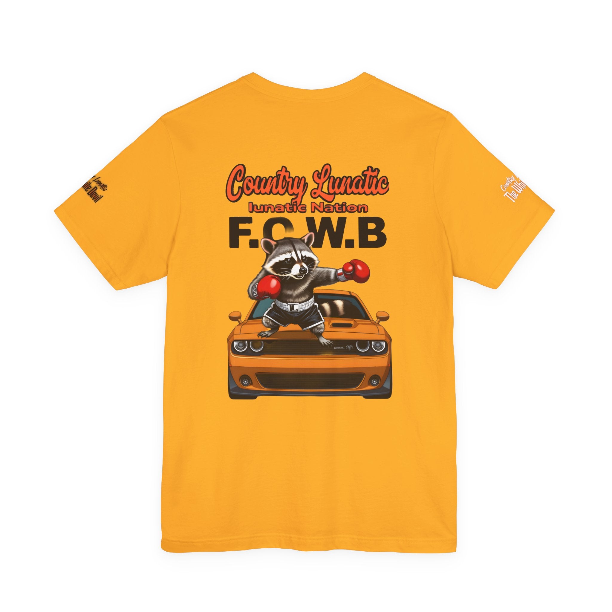 Country Lunatic Racoon Tee — 'F.C.W.B' Muscle Car Graphic Shirt