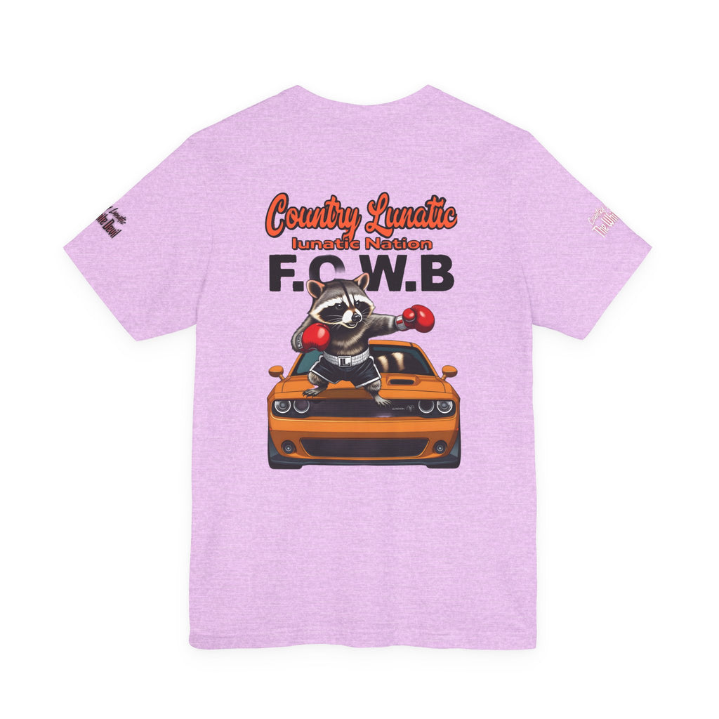 Country Lunatic Racoon Tee — 'F.C.W.B' Muscle Car Graphic Shirt