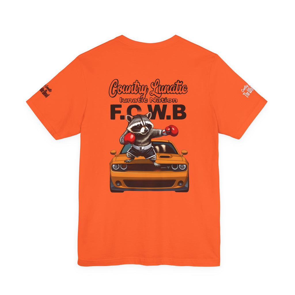 Country Lunatic Racoon Tee — 'F.C.W.B' Muscle Car Graphic Shirt
