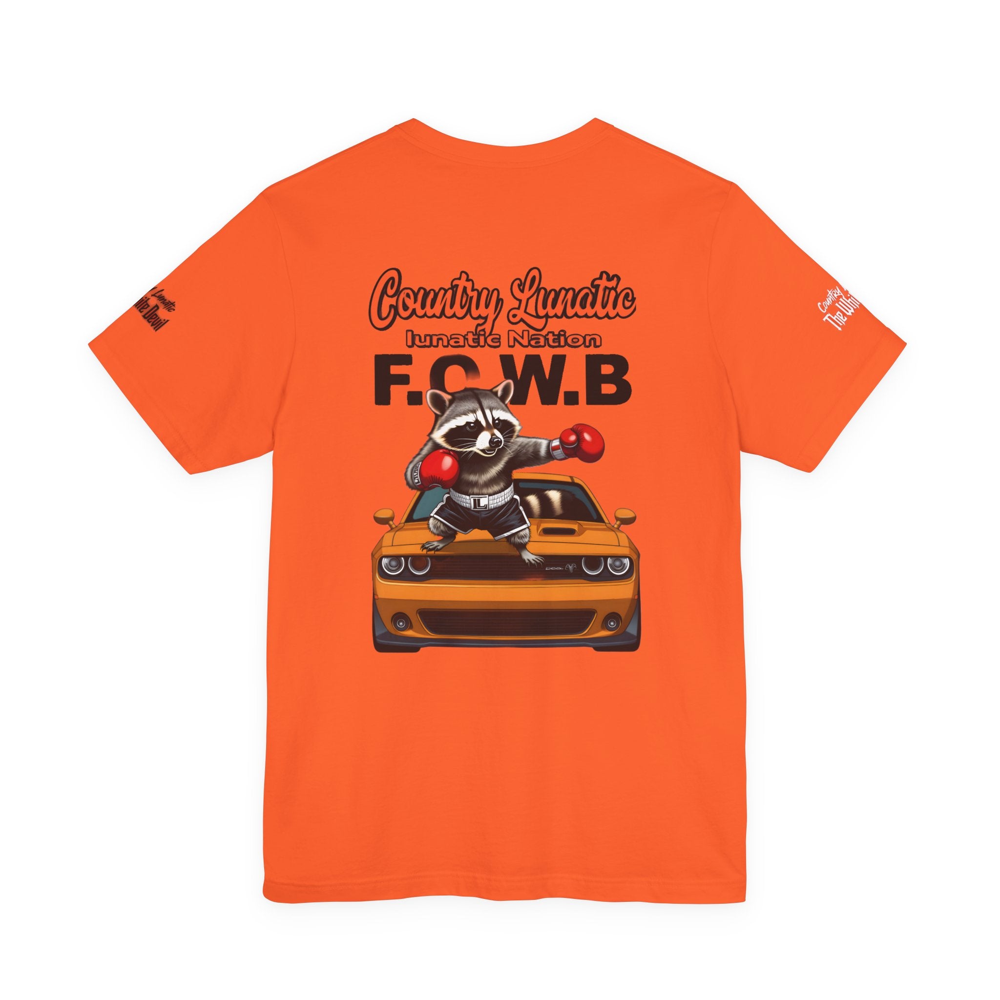 Country Lunatic Racoon Tee — 'F.C.W.B' Muscle Car Graphic Shirt