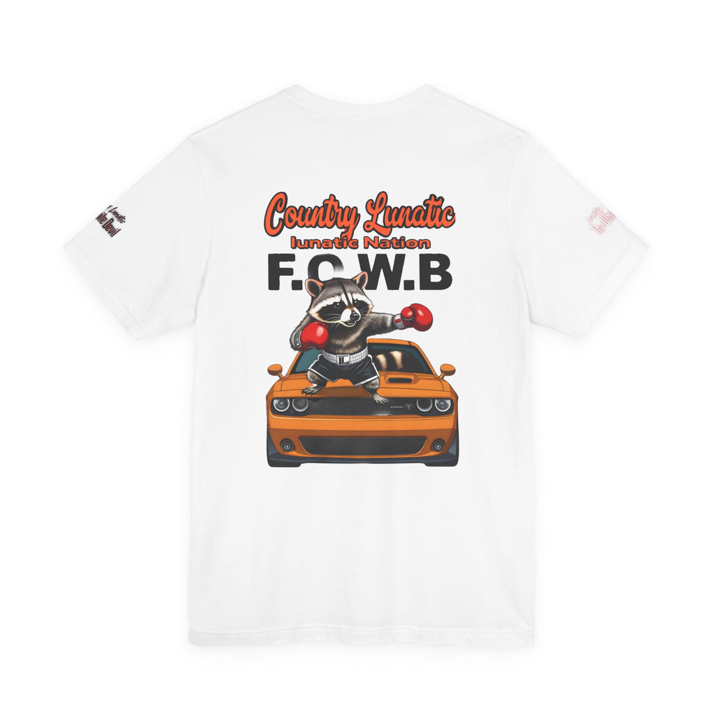 Country Lunatic Racoon Tee — 'F.C.W.B' Muscle Car Graphic Shirt