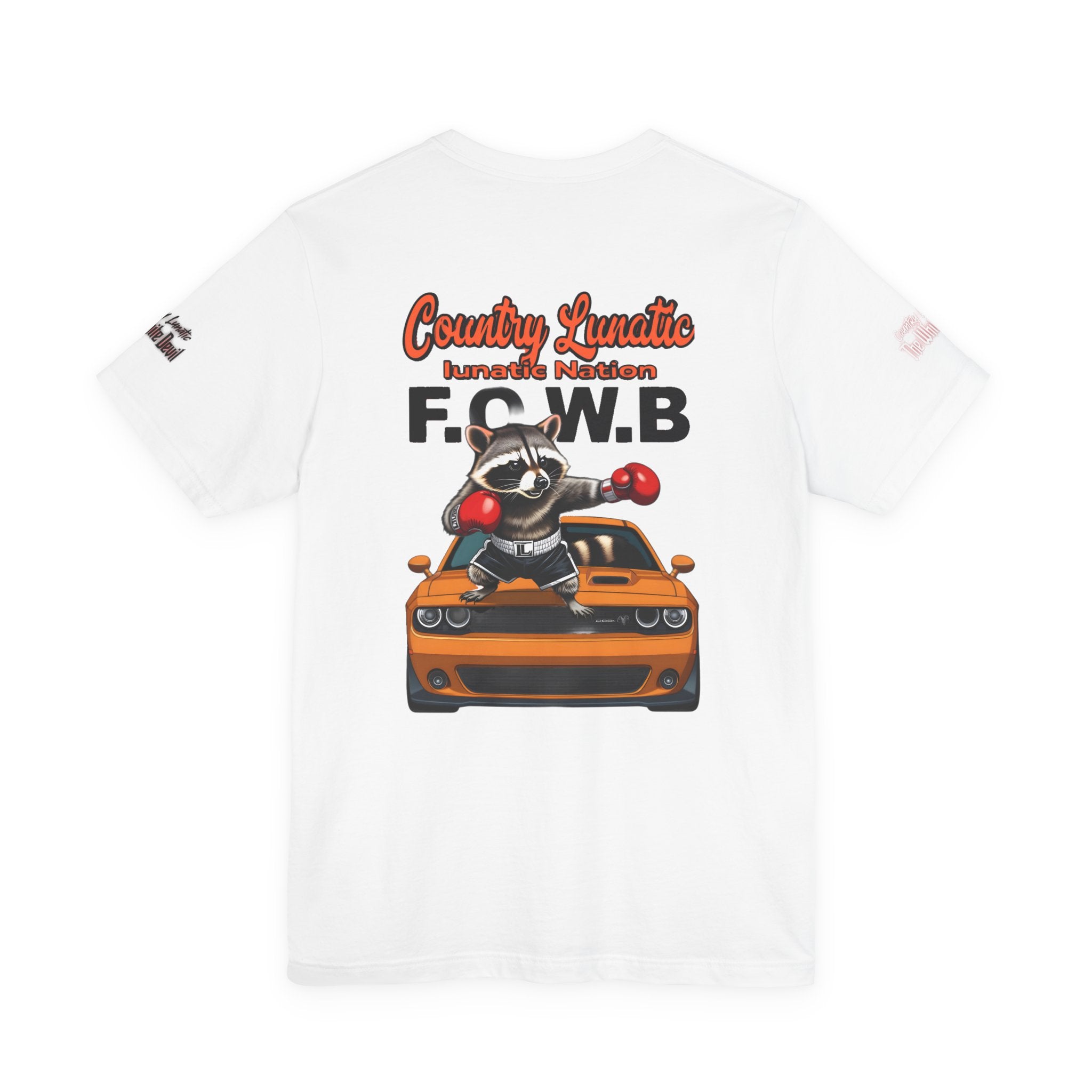 Country Lunatic Racoon Tee — 'F.C.W.B' Muscle Car Graphic Shirt