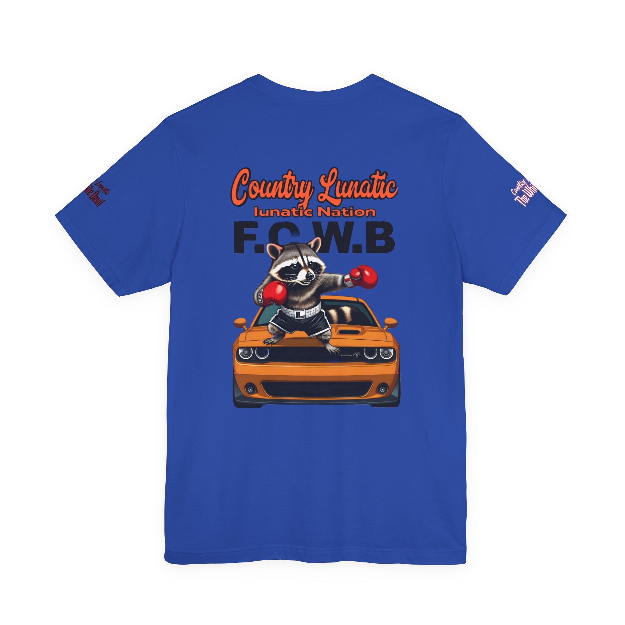 Country Lunatic Racoon Tee — 'F.C.W.B' Muscle Car Graphic Shirt